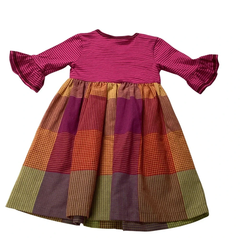 Bonnie Jean Girls 4T Mixed Media‎ Patchwork Plaid Striped Dress Ruffle Sleeve